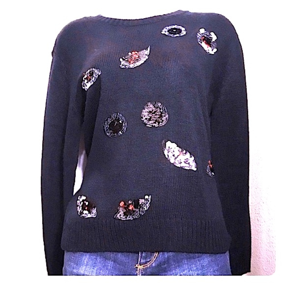 H&M Divided Flip Sequin Eyes Fuzzy Sweater Black Red Silver XS Cozy Winter Comfy - Picture 2 of 8